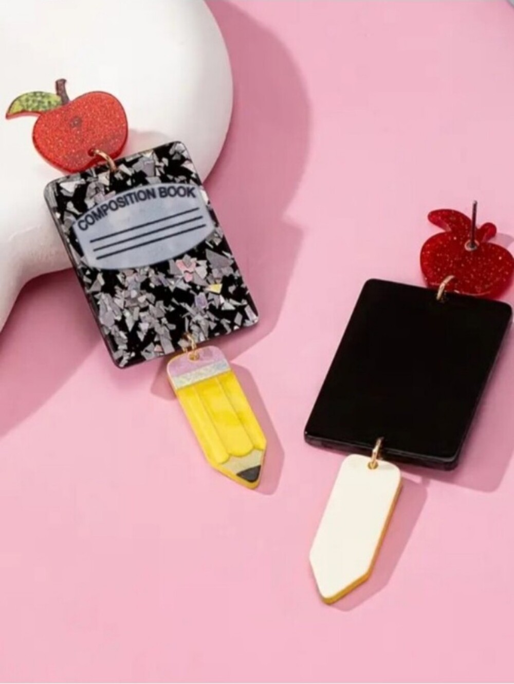 Playful Composition Book & Pencil Dangle Earrings - Black, Red, Yellow, White - Picture 1 of 4